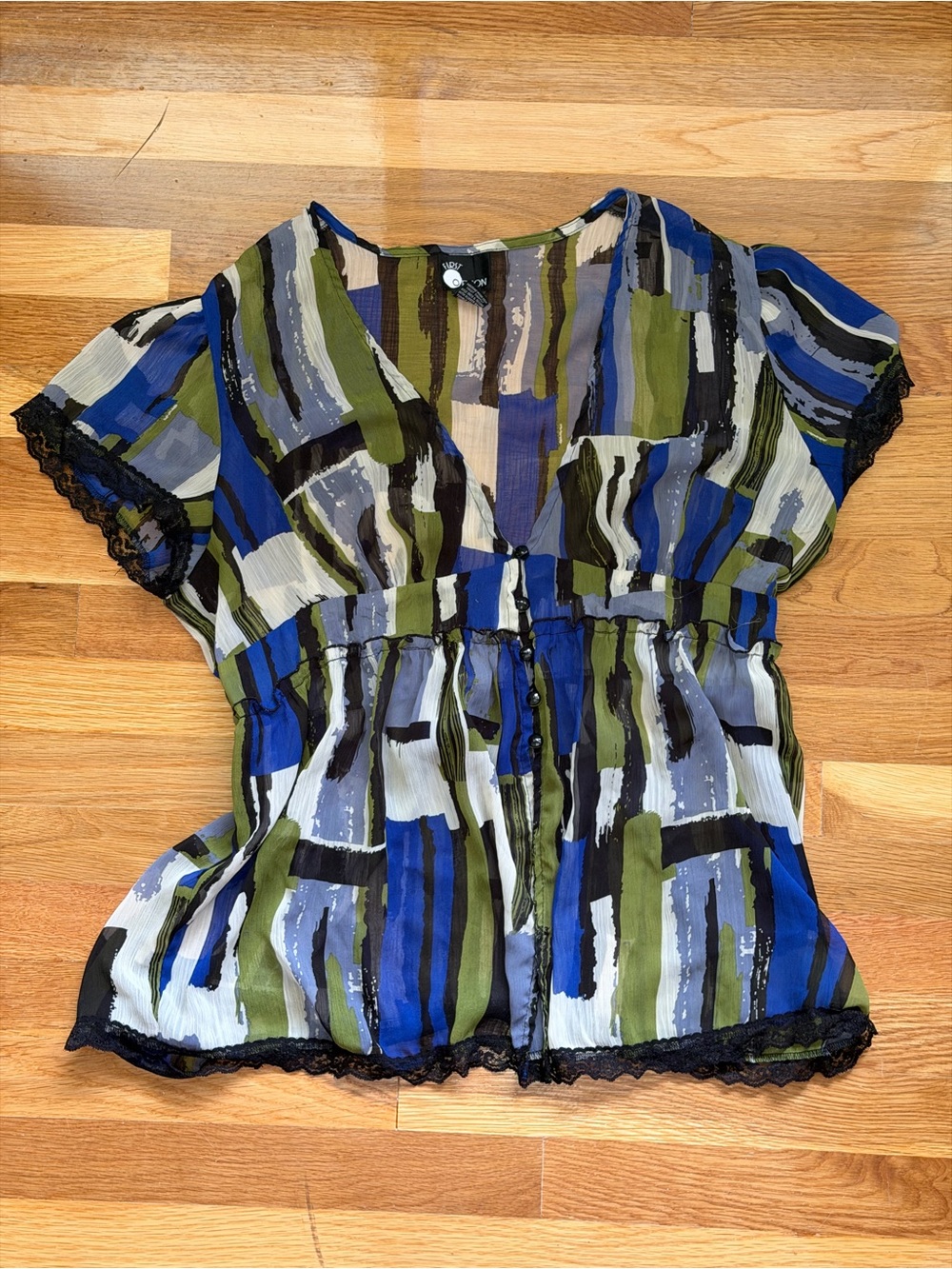 Y2K abstract button down peekaboo sheer Blouse - Blue & Green size XL